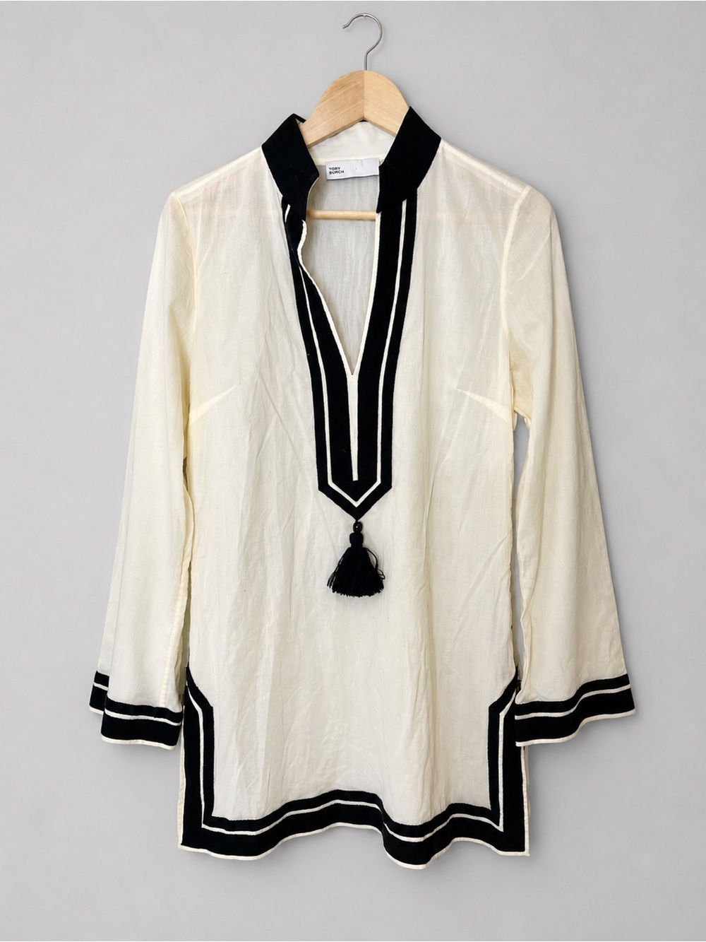 Tory Burch Embroidered Tassel Tunic Blouse Cream Black Contrast Trim Boho Tunic
